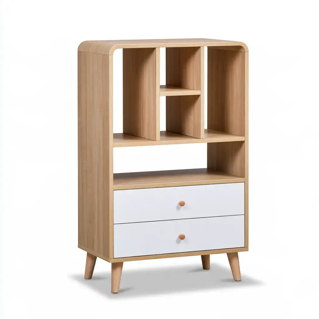 Craftandcrux brown and white shelving unit with open upper compartments and lower drawers, modern storage solution.