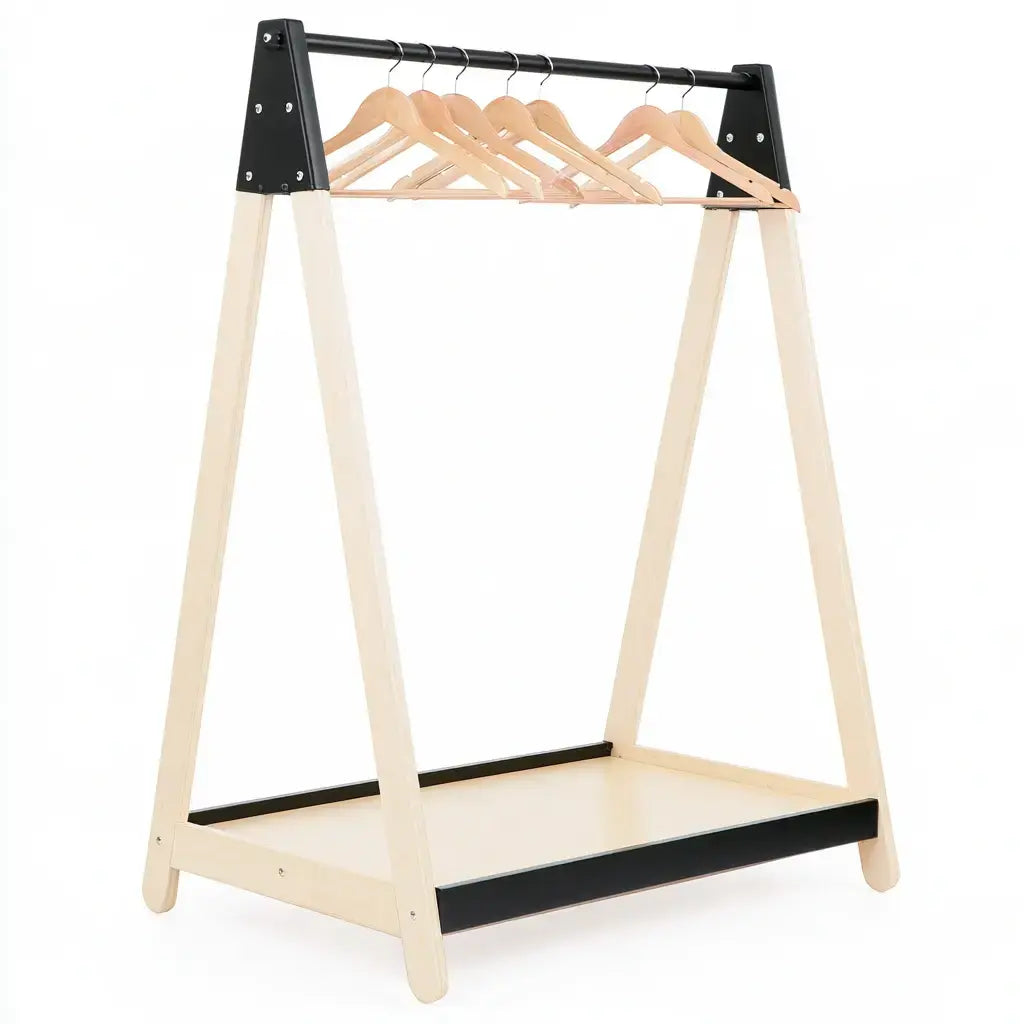 Craftandcrux beige and black triangular coat rack with a lower shelf, featuring a modern design and sturdy structure.
