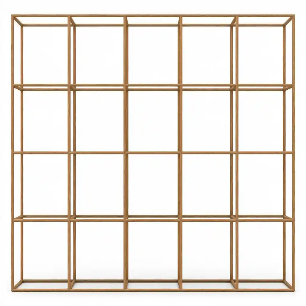Brown open grid shelf unit by CraftandCrux with multiple open square shelves for stylish storage and display.