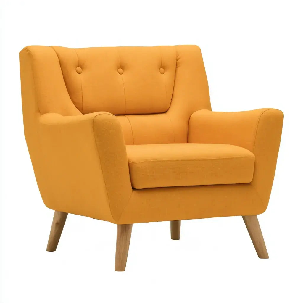 Yellow button-tufted backrest armchair by craftandcrux featuring straight arms and modern design.