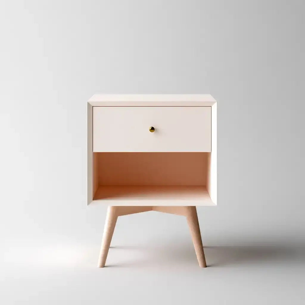Craftandcrux white and brown nightstand with drawer and contrasting niche, modern bedroom furniture with sleek design.