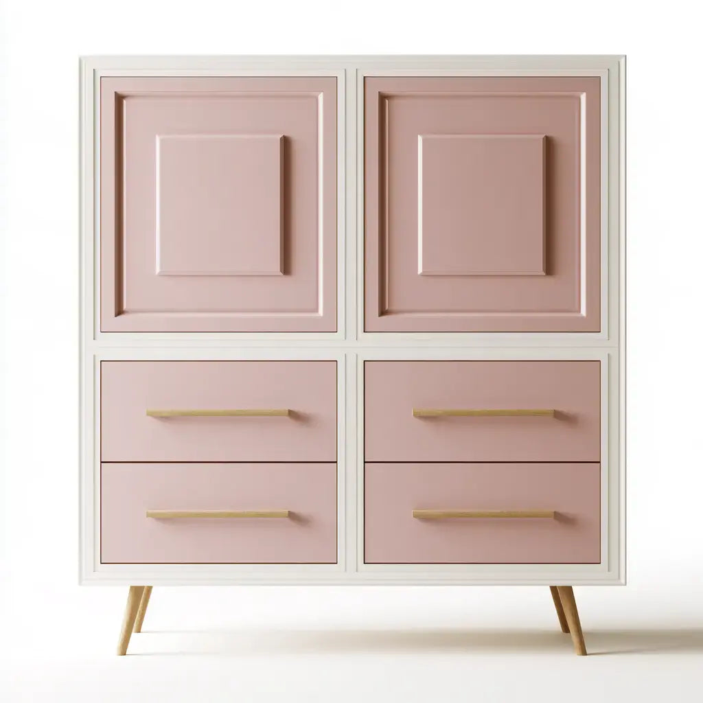CraftandCrux pink armario with molded doors and low drawers, featuring stylish design and functional storage.