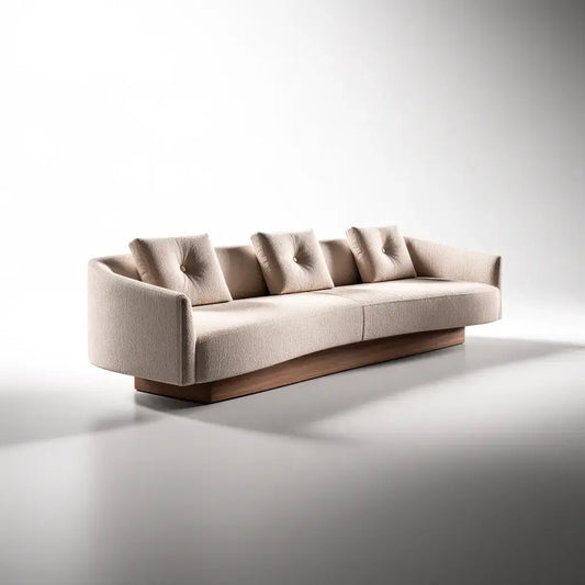Beige sofa with low back and decorative cushions by craftandcrux, showcasing a modern and cozy living room setup.