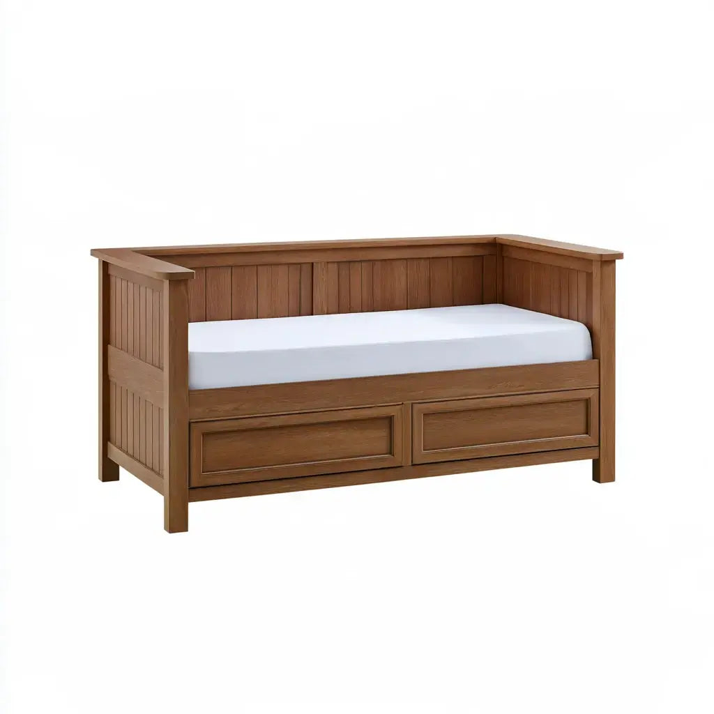 Craftandcrux brown and white rectangular storage bench with backrest and lower drawers, made of wood for versatile seating and storage.