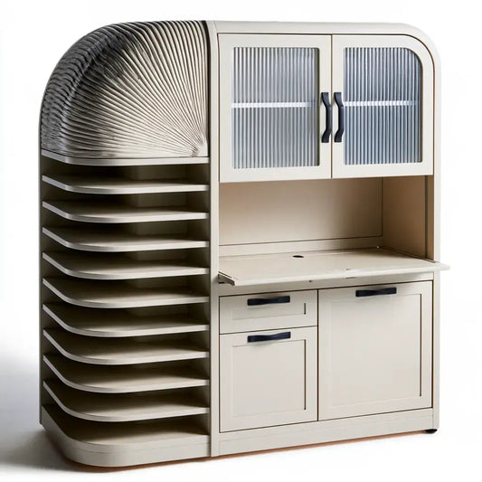 Beige aparador con estantes curvos y puertas estriadas, modern wooden storage cabinet by CraftandCrux, showcasing sleek design.