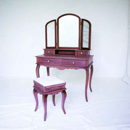 Craftandcrux purple triple mirror vanity table with curved legs, elegant design, and ample mirror space for beauty routines.