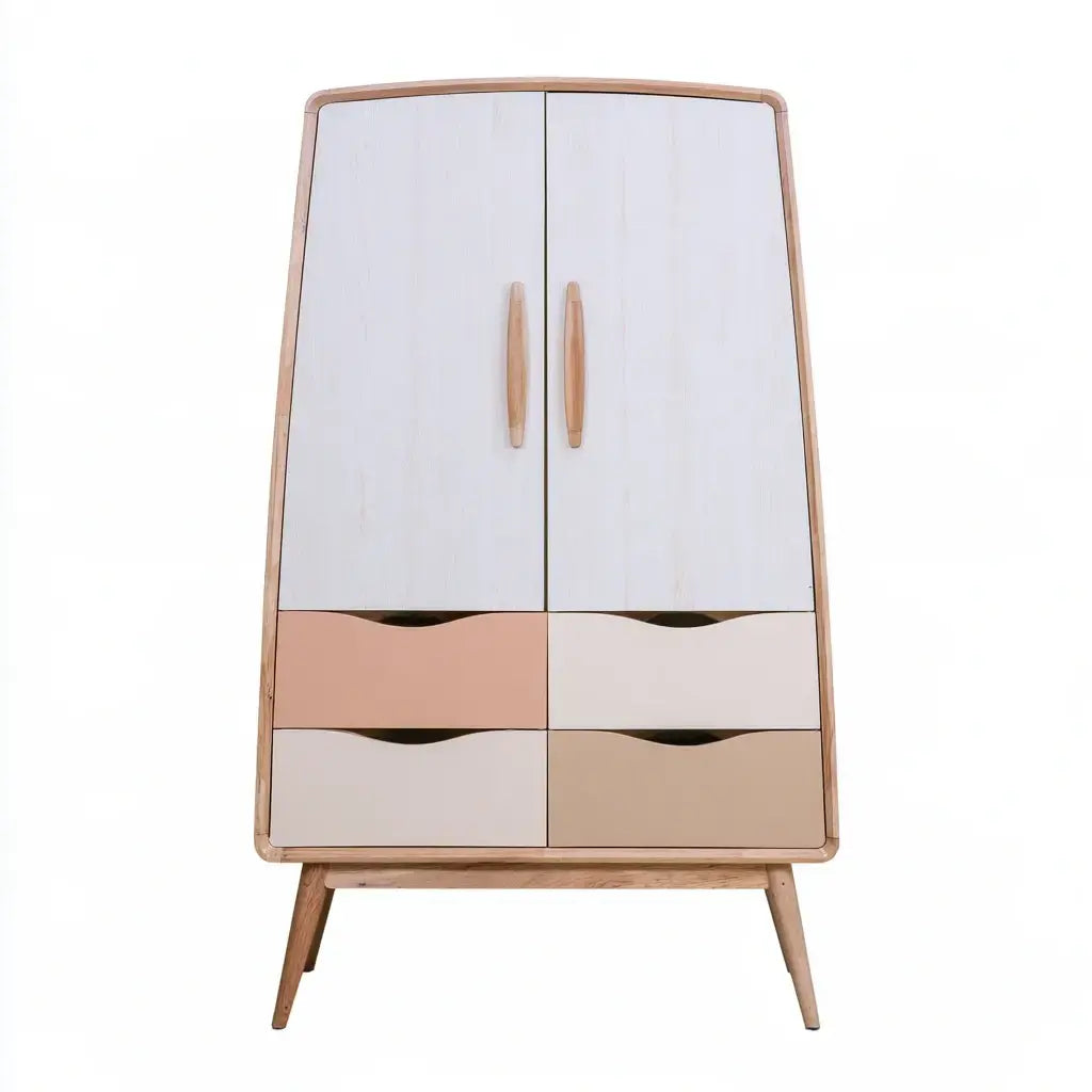 Craftandcrux white, pink, and beige armario with inclined body and low drawers, showcasing modern bedroom storage design.