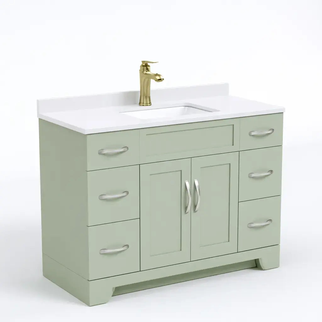 Craftandcrux bathroom cabinet with green and white finish, featuring side drawers and central doors, stylish and functional.