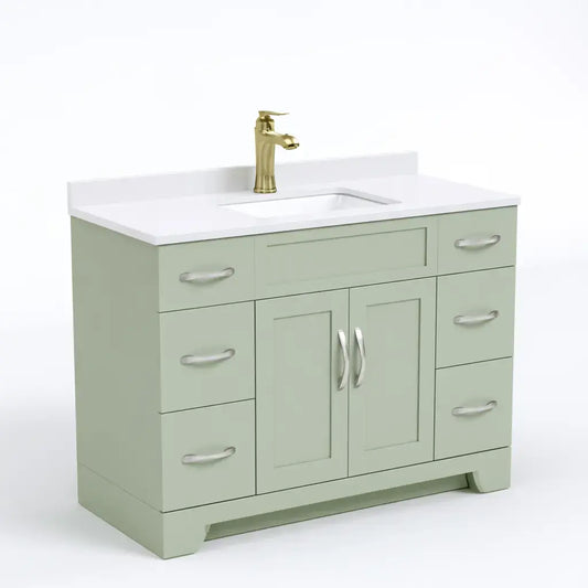 Craftandcrux bathroom cabinet with green and white finish, featuring side drawers and central doors, stylish and functional.