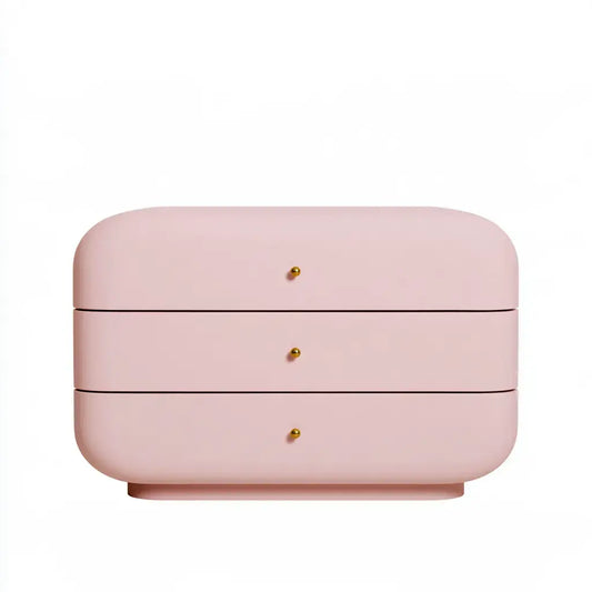 Pink three-drawer corner chest by CraftandCrux featuring rounded edges and modern design, ideal for stylish bedroom storage.