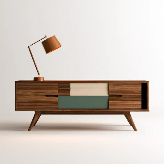 Craftandcrux sideboard with contrast-front panels and side drawers in brown and green, showcasing modern storage design.