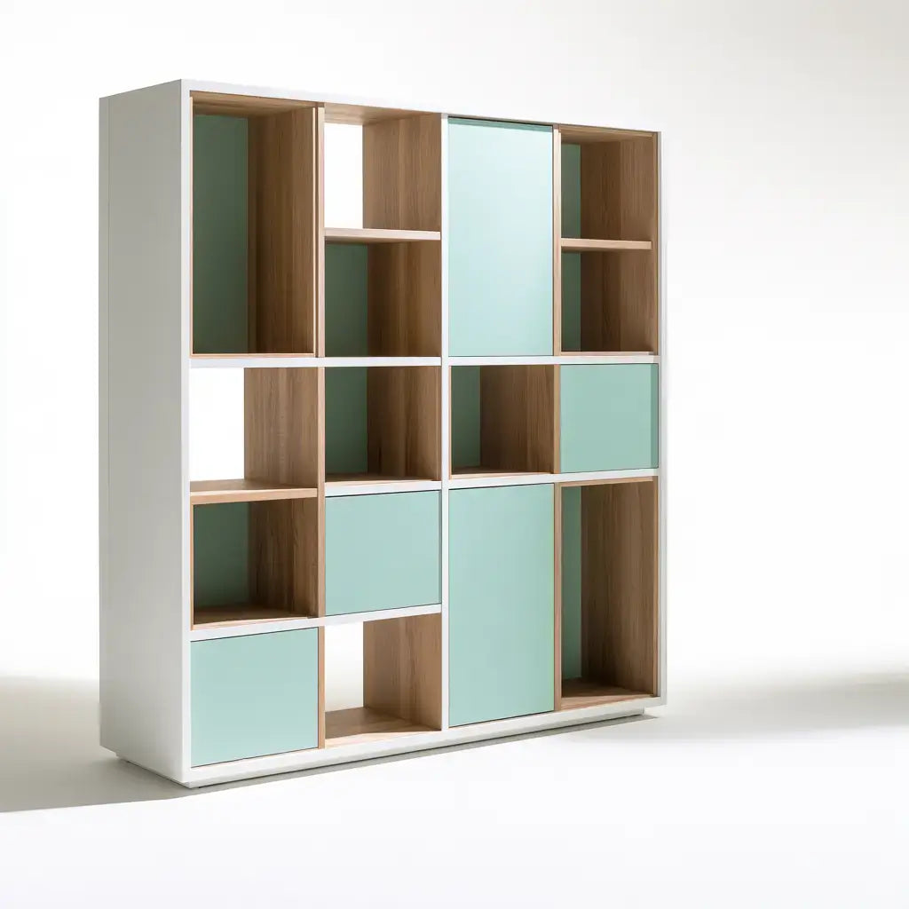Craftandcrux Collections asymmetric cube storage unit with clear doors in brown and green, modern and stylish home organization piece.