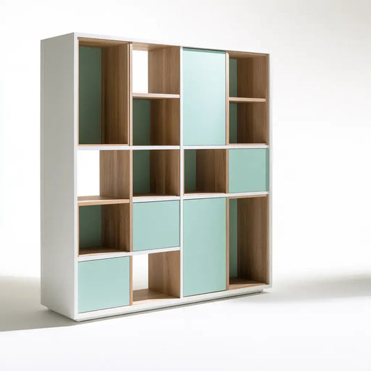 Craftandcrux Collections asymmetric cube storage unit with clear doors in brown and green, modern and stylish home organization piece.