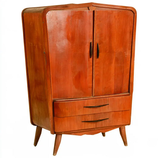 Craftandcrux brown armario with curved doors and low drawers, modern storage cabinet with sleek design.