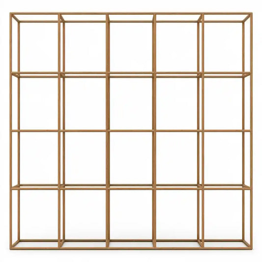 Brown open grid shelf unit by CraftandCrux with multiple open square shelves for stylish storage and display.