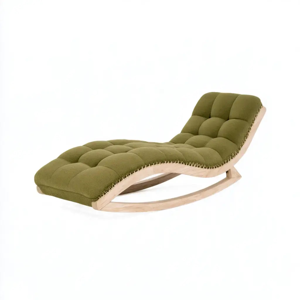 Craftandcrux green and beige elongated rocking chair with padded seat, ideal for comfortable lounging and relaxation.
