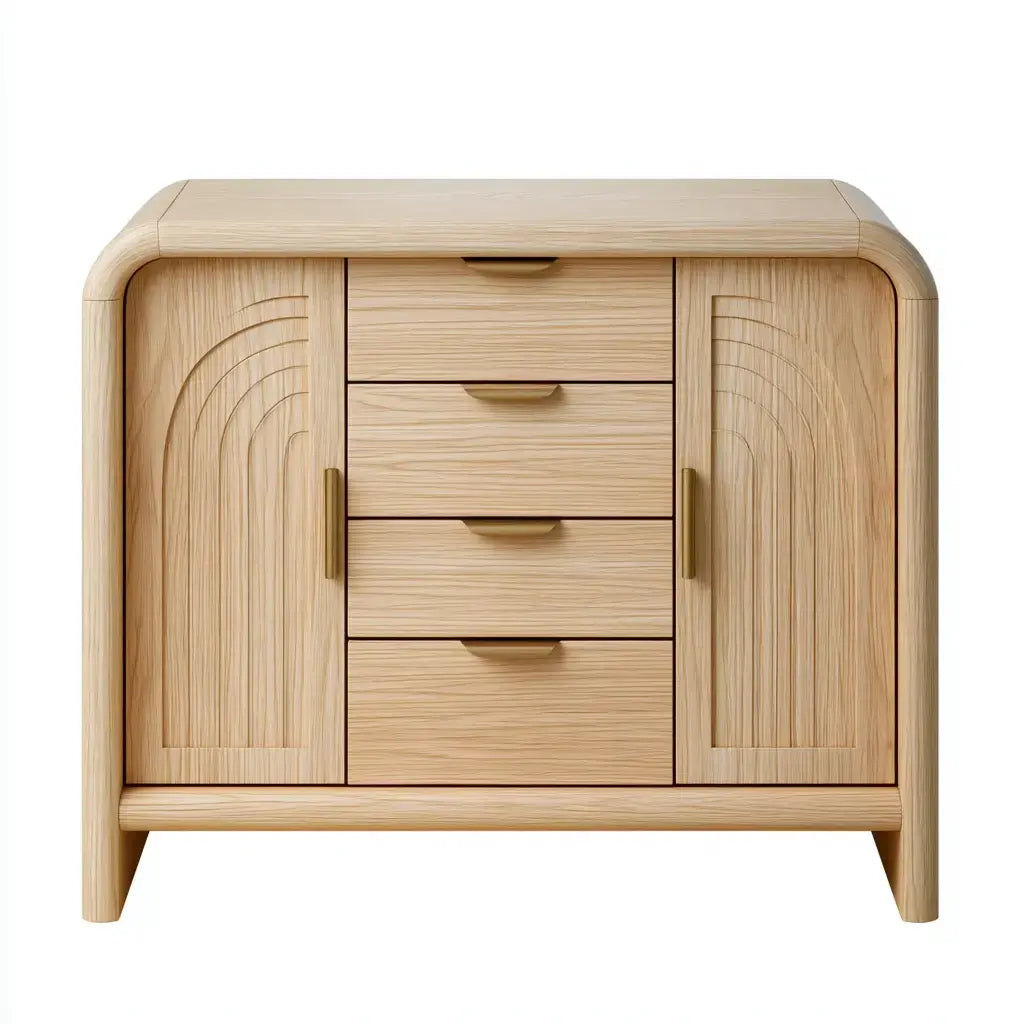 Beige craftandcrux corner cabinet with curved edges and central drawers, showcasing a modern and stylish storage solution.