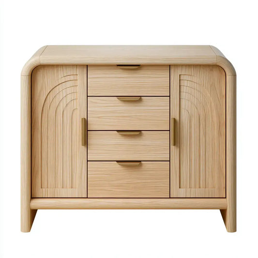 Beige craftandcrux corner cabinet with curved edges and central drawers, showcasing a modern and stylish storage solution.