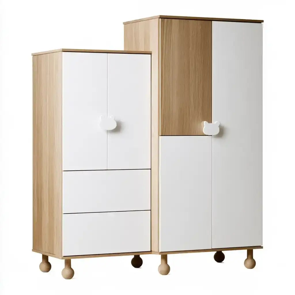 White and brown modular armario with tiered shelves and wheels by craftandcrux, showcasing its versatile storage design.