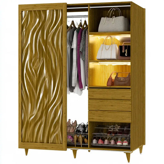 Craftandcrux yellow wardrobe with wavy door and interior modules, modern storage unit for organized space.