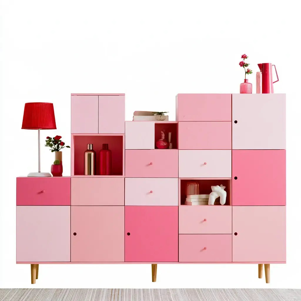 Craftandcrux pink modular stepped sideboard with layered design, featuring various shades of pink and modern style.